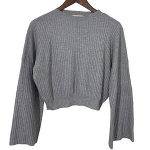 Listicle Womens M Sweater Heather Grey Ribbed Cropped Crewneck Wide Sleeve 90s